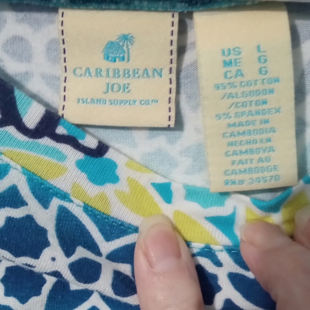 Caribbean Joe Teal and Yellow Geometric Long Sleeve Top - Picture 3 of 5